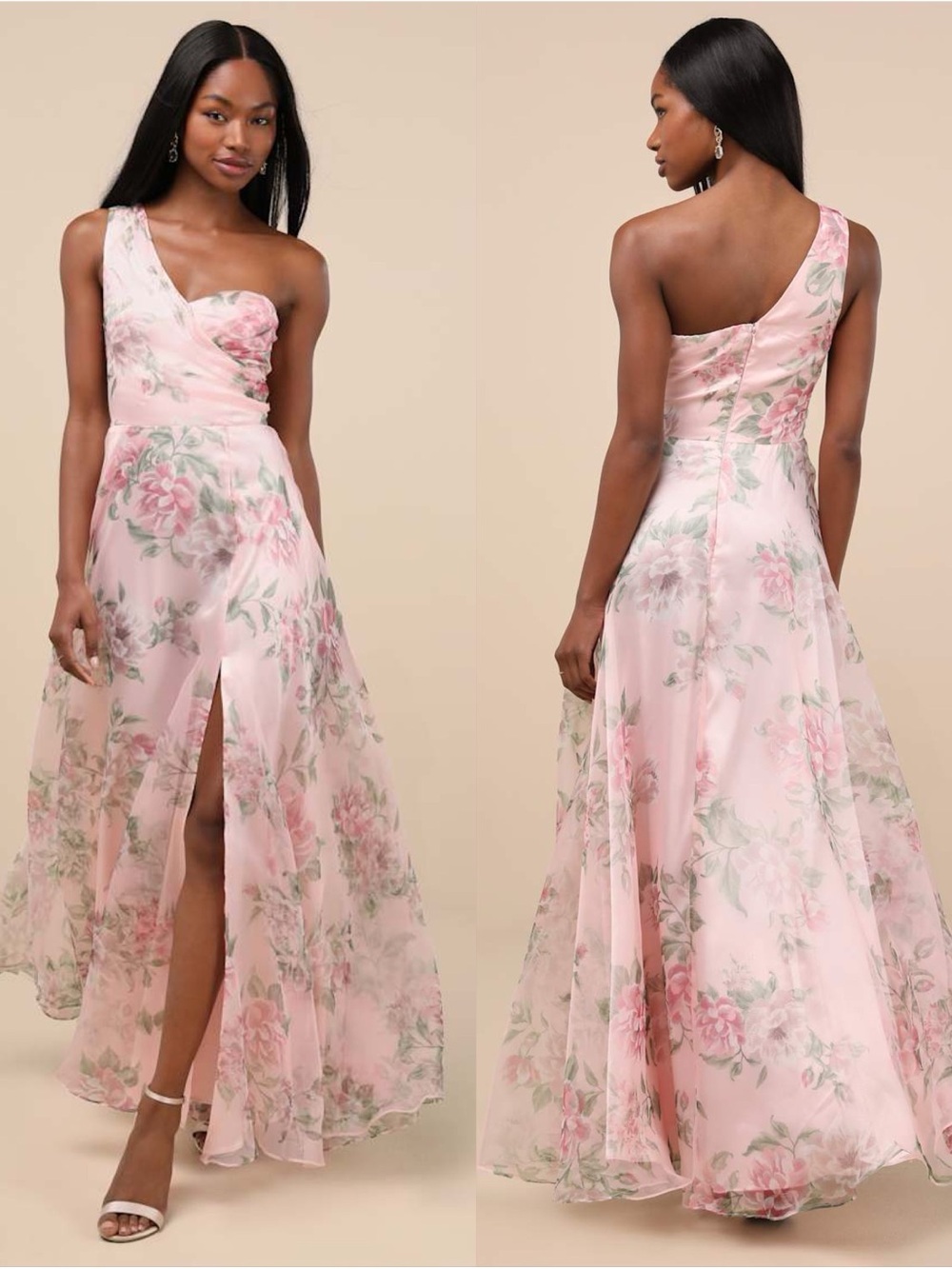 LULU’S Truly Extraordinary Pink Floral Organza One-Shoulder Maxi Dress